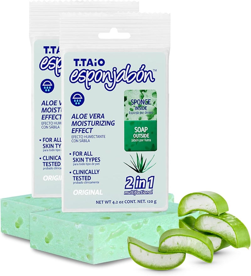 T. Taio Esponjabon Aloe Vera Soap Sponge - Gentle Shower Scrubber - Cleaning Bath Wash Scrub - Dirt & Oil Removal - Massage & Lather Foot, Elbow, & Face - Bathroom Accessories - Fresh Scent - Image 1